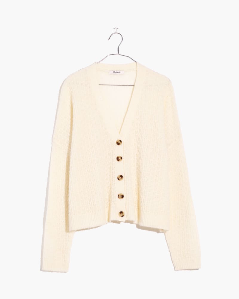 Front of a size 1X GOLDEN POINTELLE CARDIGAN in Ivory by Madewell. | dia_product_style_image_id:235561